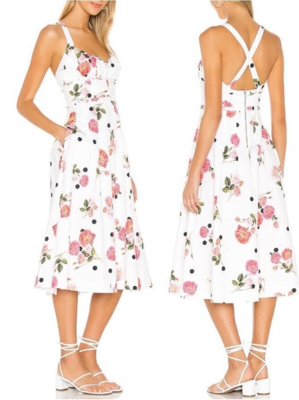For Love and Lemons Paloma Midi Dress In White Floral W/ Pockets 🌸🌺🌸